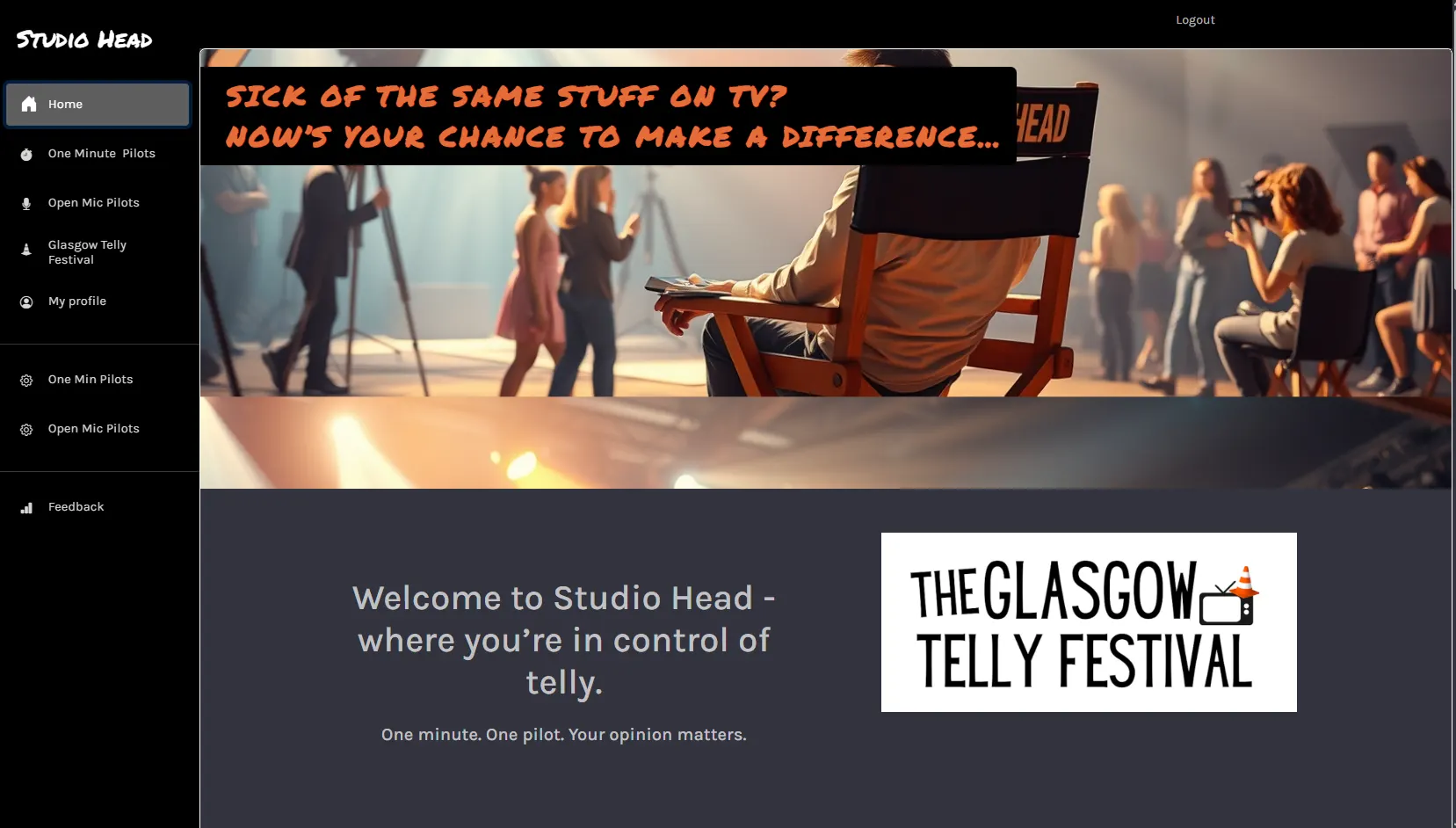 Home screen of the event app welcoming attendees, with the Glasgow Telly Festival branding