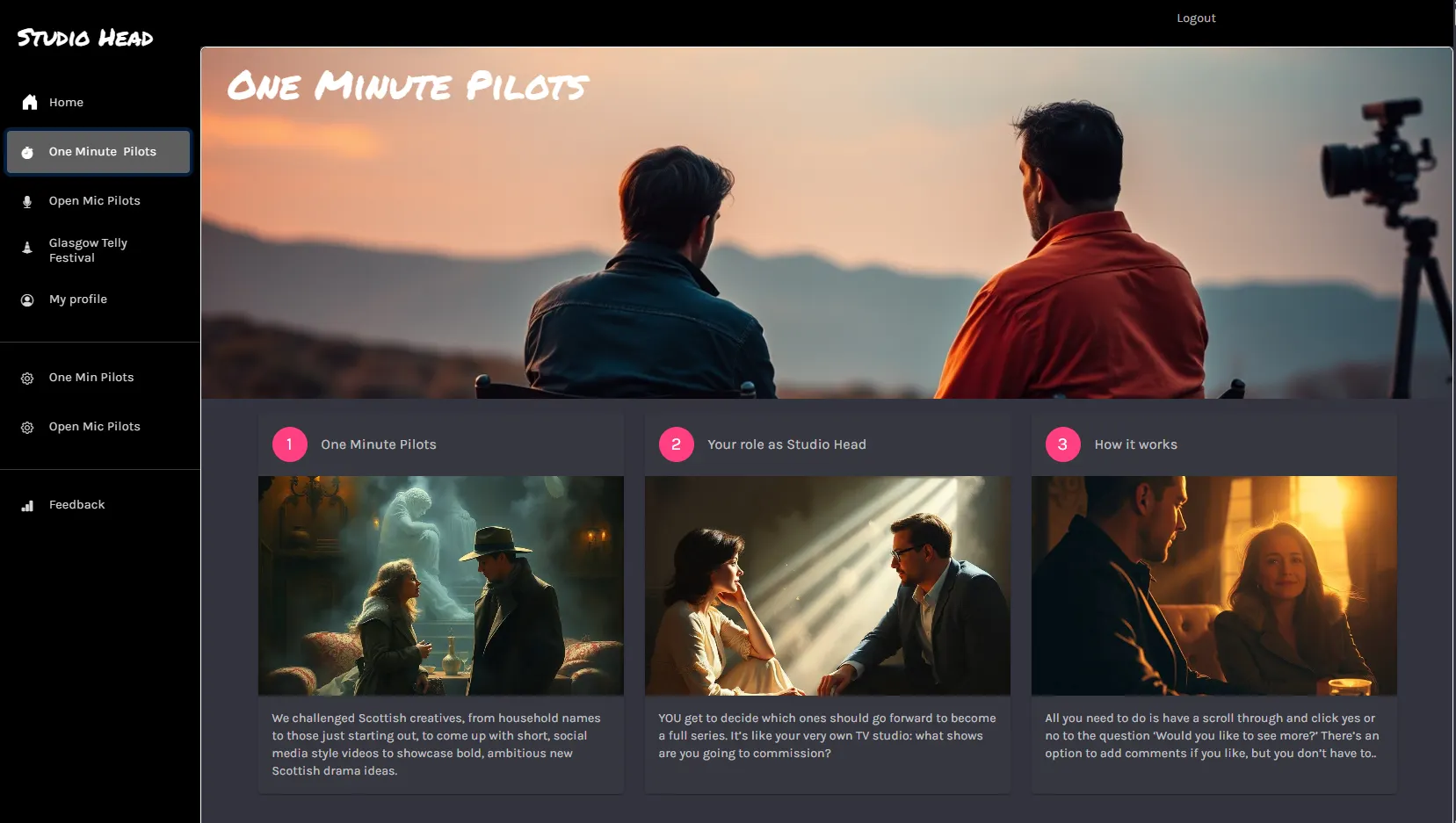 One Minute Pilots section explaining how attendees watch and rate each short pilot