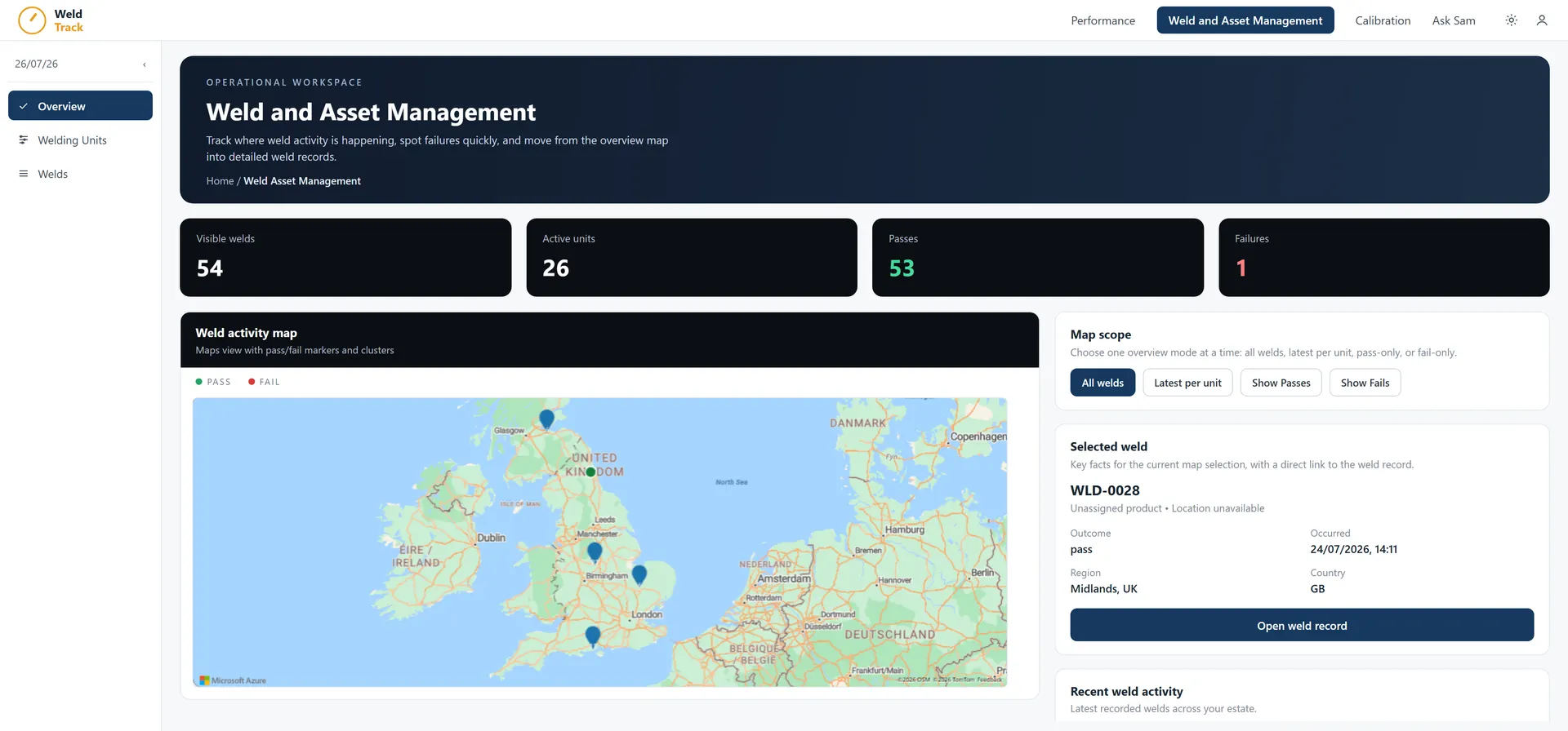 Weld and asset management workspace with pass/fail counts, an activity map and a selected weld record