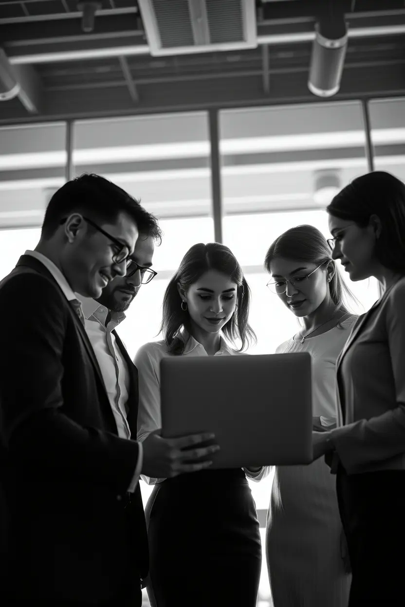 A team gathered around a laptop testing a proposition with users
