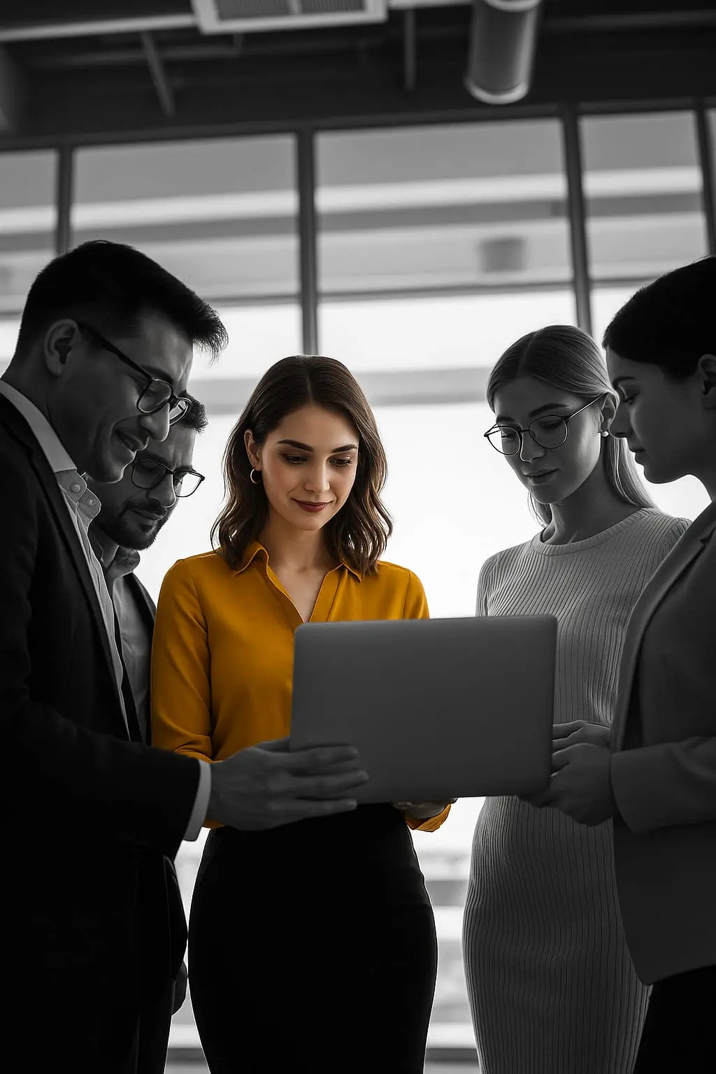 A team gathered around a laptop reviewing a working first version