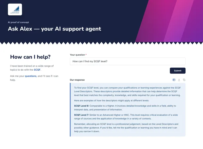The “Ask Alex” AI support agent answering a qualifications question